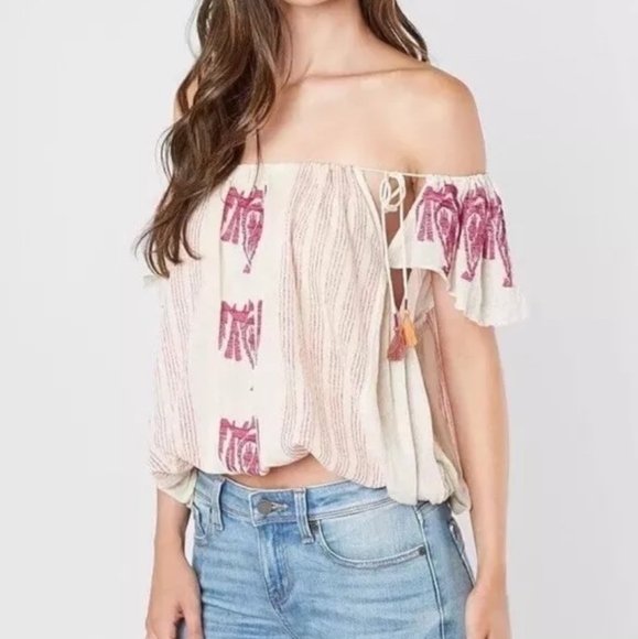 Free People Tops - Free People‎ Pukka Top Off Shoulder Tassel Embroidery Boho Festival Size L